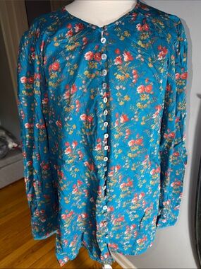 Sundance Teal Floral Button-Down Blouse with Coral and Yellow Accents